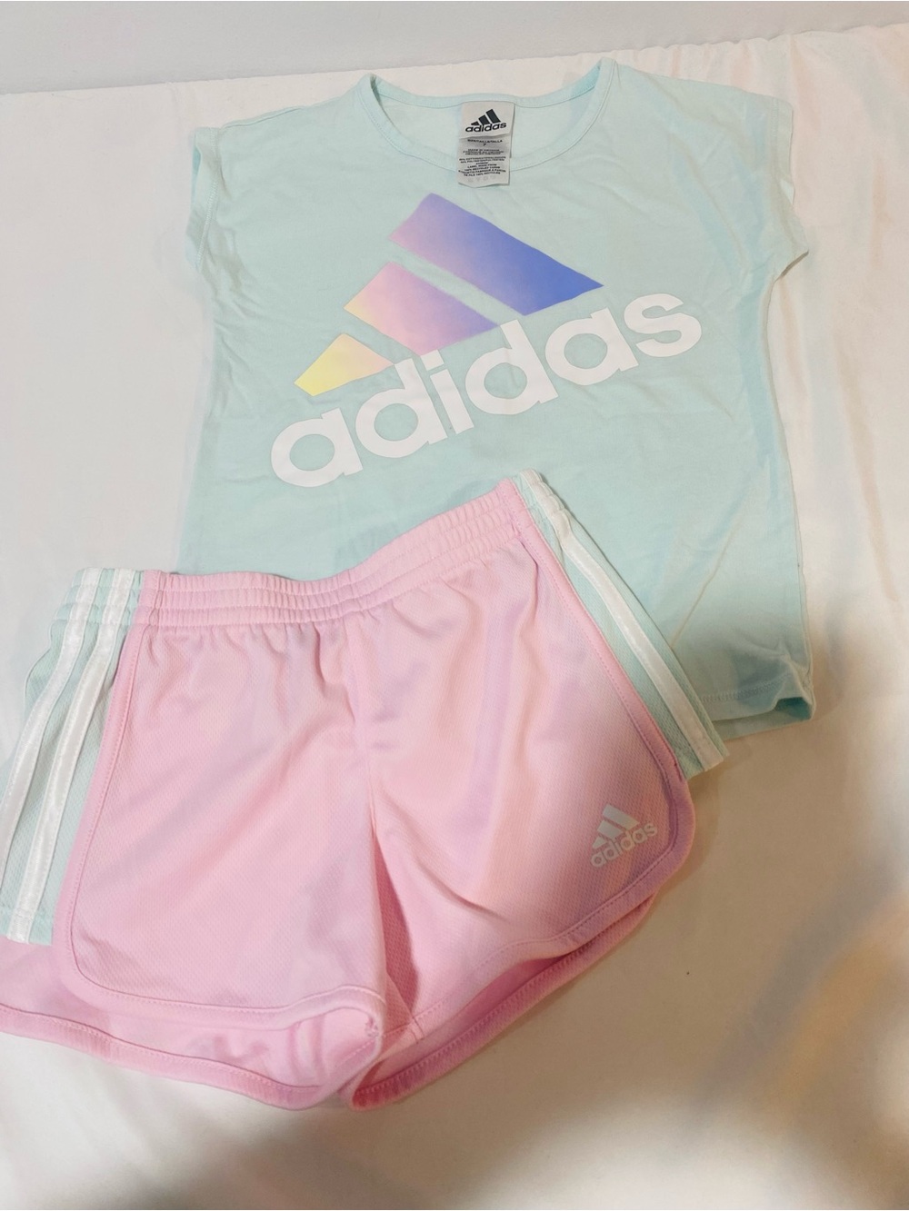 adidas Pastel Mint Tee & Pink Shorts Kids Matching Set